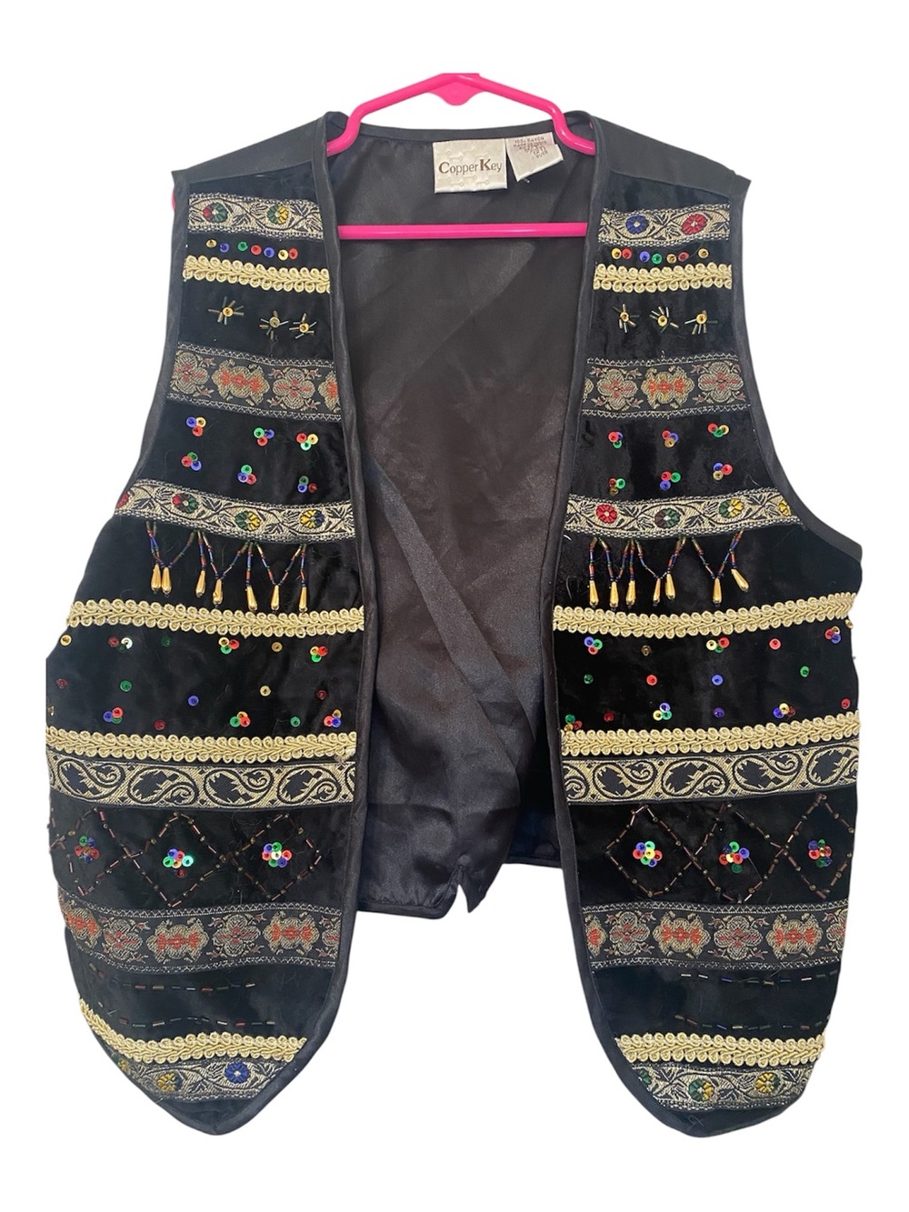 Copper Key Black Embroidered Sequin & beaded velvet vest 90s vintage size 10-12